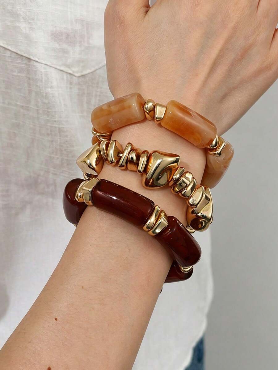 NAIZHU 1/3pcs European & American Vintage Luxury Metal Exaggerated Resin Beaded Bracelet For Women, Daily & Party Accessory - Multicolor - View 1