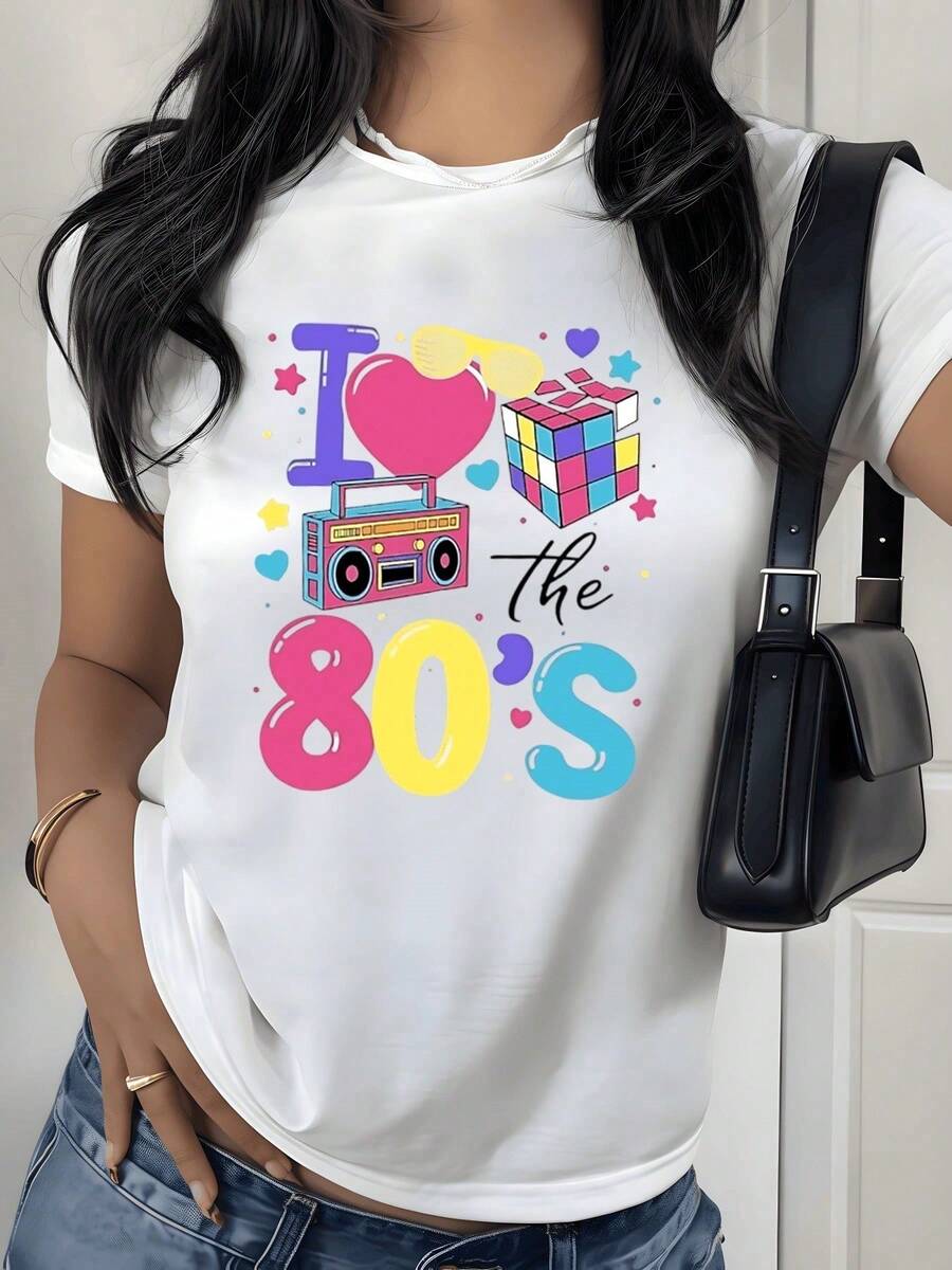 Retro 80s T-Shirt With And Boombox Graphic Print, 180g, 1 Piece, Vintage Musical Style, Casual For Women, 100% Cotton, Streetwear - 白色 - 查看 1