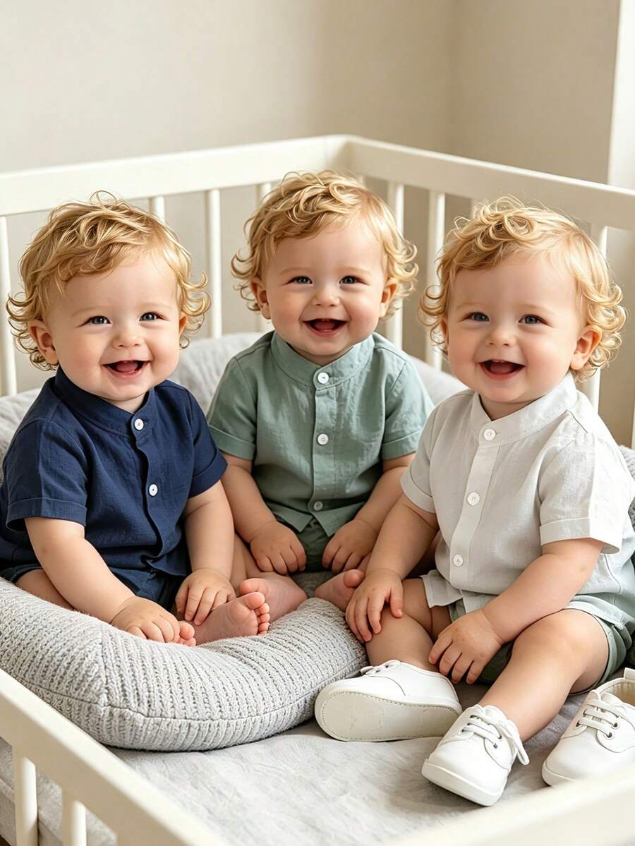 3pcs Baby Boys' Simple And Fashionable Short Sleeve Shirt Set, Spring/Summer New Solid Color Gentleman Outfit In Three Colors For Back-To-School Season - Multicolor - View 1