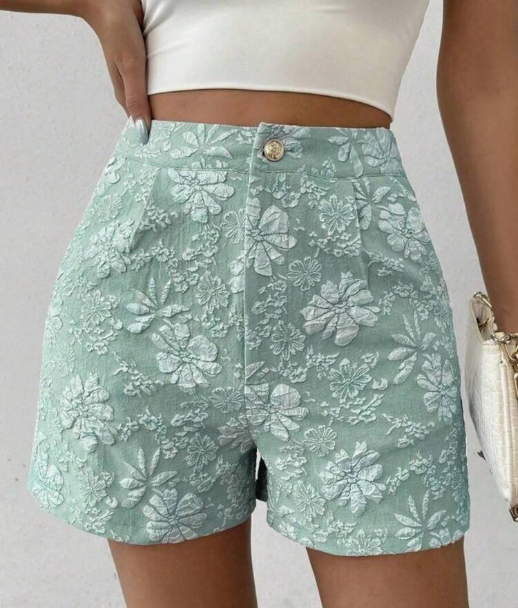 Nuevos shorts de mujer de verano, elegantes, de talle alto y pierna recta, con textura jacquard. - verde claro - Añade 1