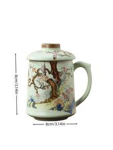 Chinese Vintage Floral Ceramic Mug With Lid, Traditional Peacock & Plum Blossom Pattern Porcelain Tea Cup, Large Capacity Handle Water Cup, Oriental Aesthetic Table Decor, Elegant Gift For Tea Lovers Office & Home Daily Drinking - Multicolor - View 9