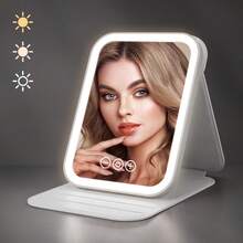 Travel Makeup Mirror With Light, Portable Beauty Mirror With 3 Color Lighting, Dimmable Touch Screen, Rechargeable LED Desktop Vanity Mirror - 白色 - 查看 11