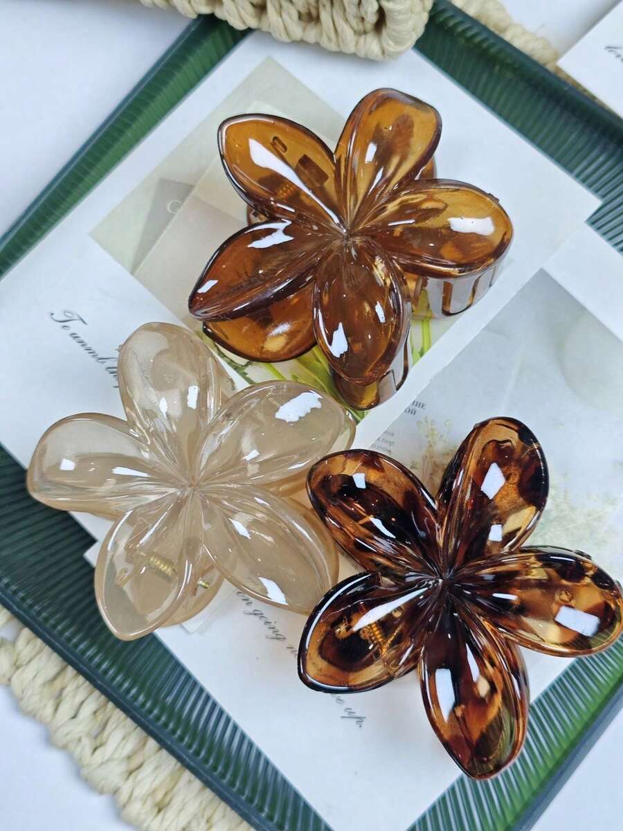 3件組透明漸層玳瑁花朵髮夾與抓夾,女性海灘度假與派對飾品 - 彩色 - 查看 1