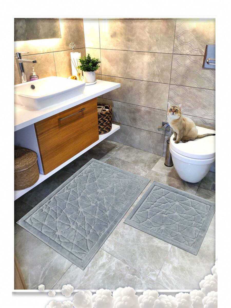 Cotton Woven Absorbent Bath Mat Set, Glass Pattern Bathroom Rug Set 60x100 Cm - 60x50 Cm