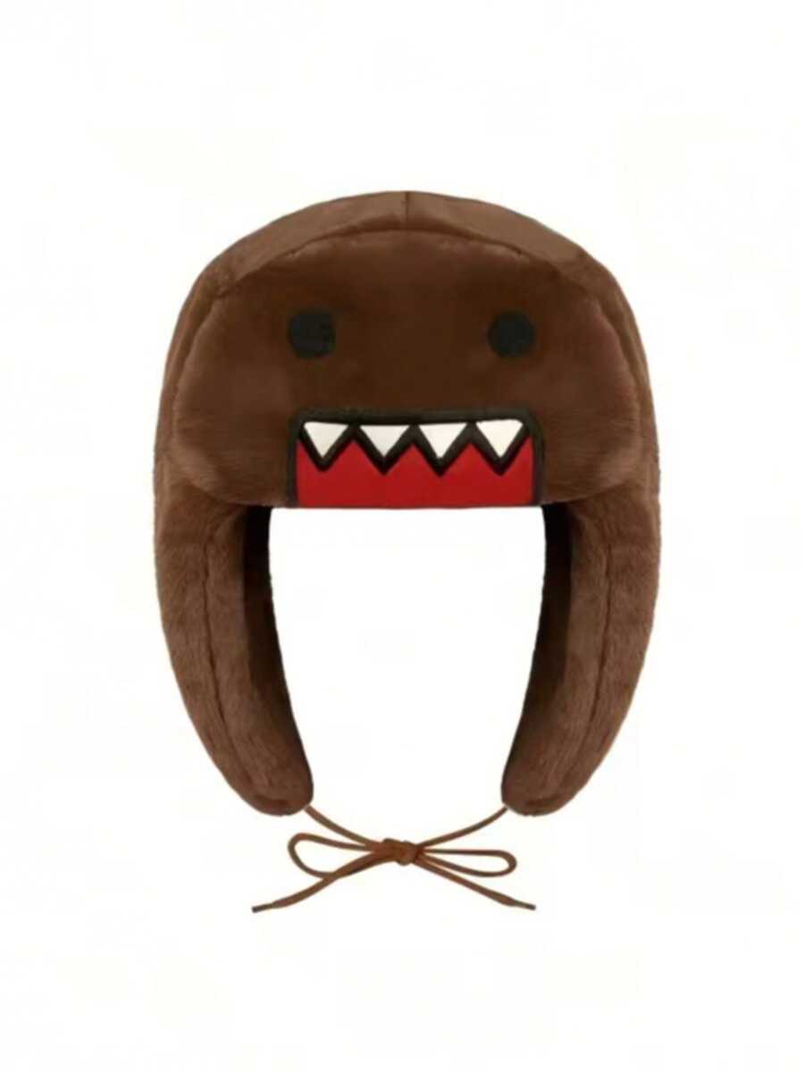 Autumn/Winter Outdoor Novelty Cartoon Design Embroidered Double-Layer Padded Warm Coral Fleece Earflap Hat - Camel - View 1