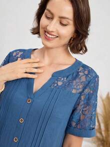 Vestido de mujer para uso diario y vacaciones, primavera y verano, cuello en V, patchwork de encaje, vestido casual diario, cómodo y transpi - Azul - Ver 3