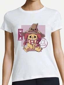 Playera con Diseño de León Mago Kawaii Manga Corta Cuello Redondo Estilo Japonés Urbano Moda Streetwear Top Ropa de Mujer Aesthetic Urbana - Blanco - Ver 1