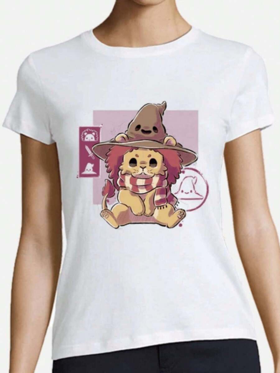 Playera con Diseño de León Mago Kawaii Manga Corta Cuello Redondo Estilo Japonés Urbano Moda Streetwear Top Ropa de Mujer Aesthetic Urbana - Blanco - Ver 1