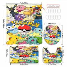 Mixed Multi-Generation All Characters Collage 4-Piece Bathroom Set, Cream Yellow Background Poké Ball Complete Design Shower Curtain, Bath Mat, Toilet Lid Cover Set, Anime Bathroom Decor Set - Cartoon C - View 3
