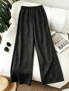 Women's Plus Size Leopard Print Drawstring Straight Leg Long Fabric Pants Vacation - Grey - View 3