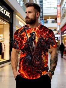Camiseta de manga corta para hombre con estampado gráfico de calavera en llamas, estilo casual, moderno y a la moda, para uso diario, estilo hip-hop, holgada, cómoda y de talla grande. - Negro - Ver 1