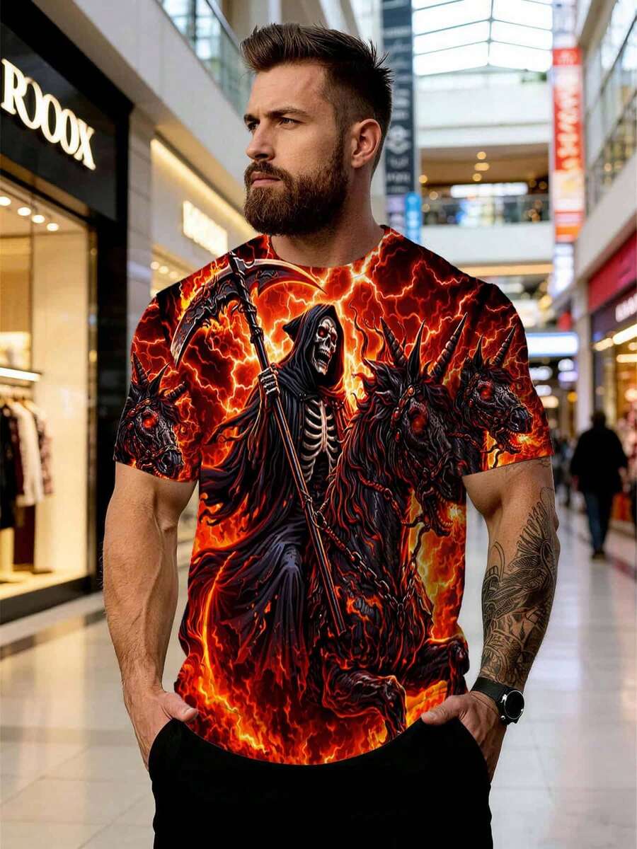 Camiseta de manga corta para hombre con estampado gráfico de calavera en llamas, estilo casual, moderno y a la moda, para uso diario, estilo hip-hop, holgada, cómoda y de talla grande. - Negro - Ver 1