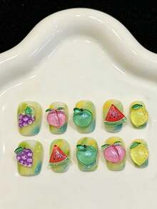 10PCS Extra Short Coffin Handmade Press On Nails For Party And Daily Wear,Multiple Colors Nail,Fruit Feast 3D Grape Cute Press On Nails,Easy To Wear 10pcs Y2K Handmade Press On Nail,Suitable For Girls And Women Festivals Parties And Daily Wear - Multicolor - View 9