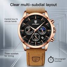 POEDAGAR 1pc Men's Casual PU Leather Band Luminous Waterproof Calendar Multifunction Stainless Steel Quartz Watch, Suitable For Daily Business, Gift Souvenir - Multicolor - View 3