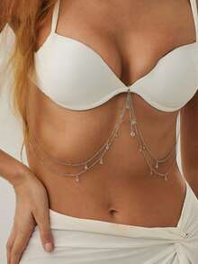 1pc Sexy Rhinestone Tassel Chain Bikini Body Chain Chest Chain Hanging Chain Jewelry Accessory For Women Daily Party Beach Vacation - Silver - View 1