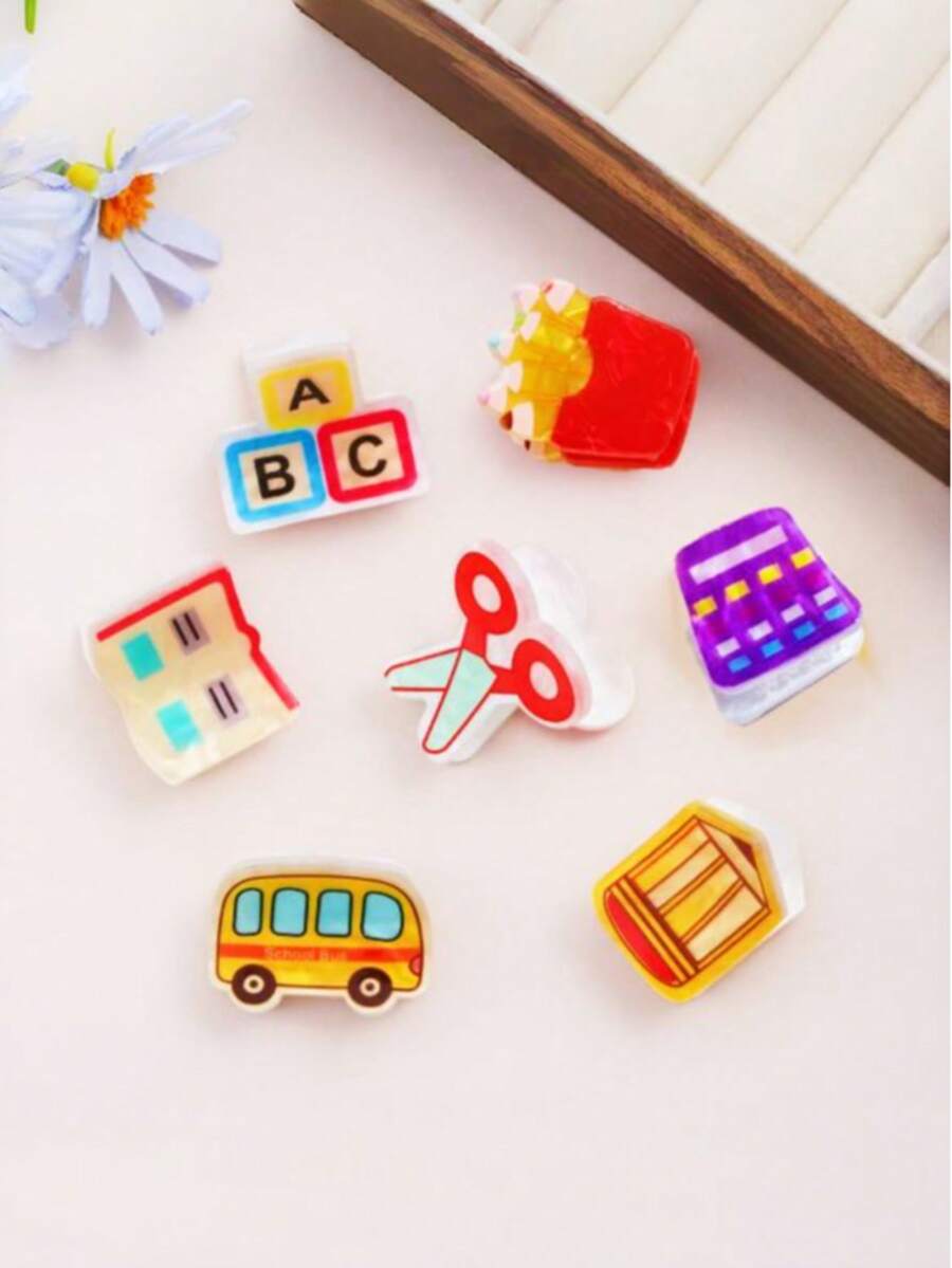 7pcs School Stationery Cartoon Acrylic Hair Clips, Cute Bus Pencil Book ABC Block Snap Barrettes, Fun Daily Hair Accessories - Multicolor - View 1