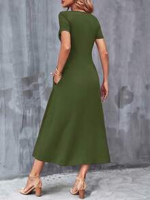 Vestido Casual Cuello en V Manga Corta con Bolsillos.Color Sólido, Lavable aáquina, Versátil para Todas las Estaciones. - Verde Oliva - Ver 10