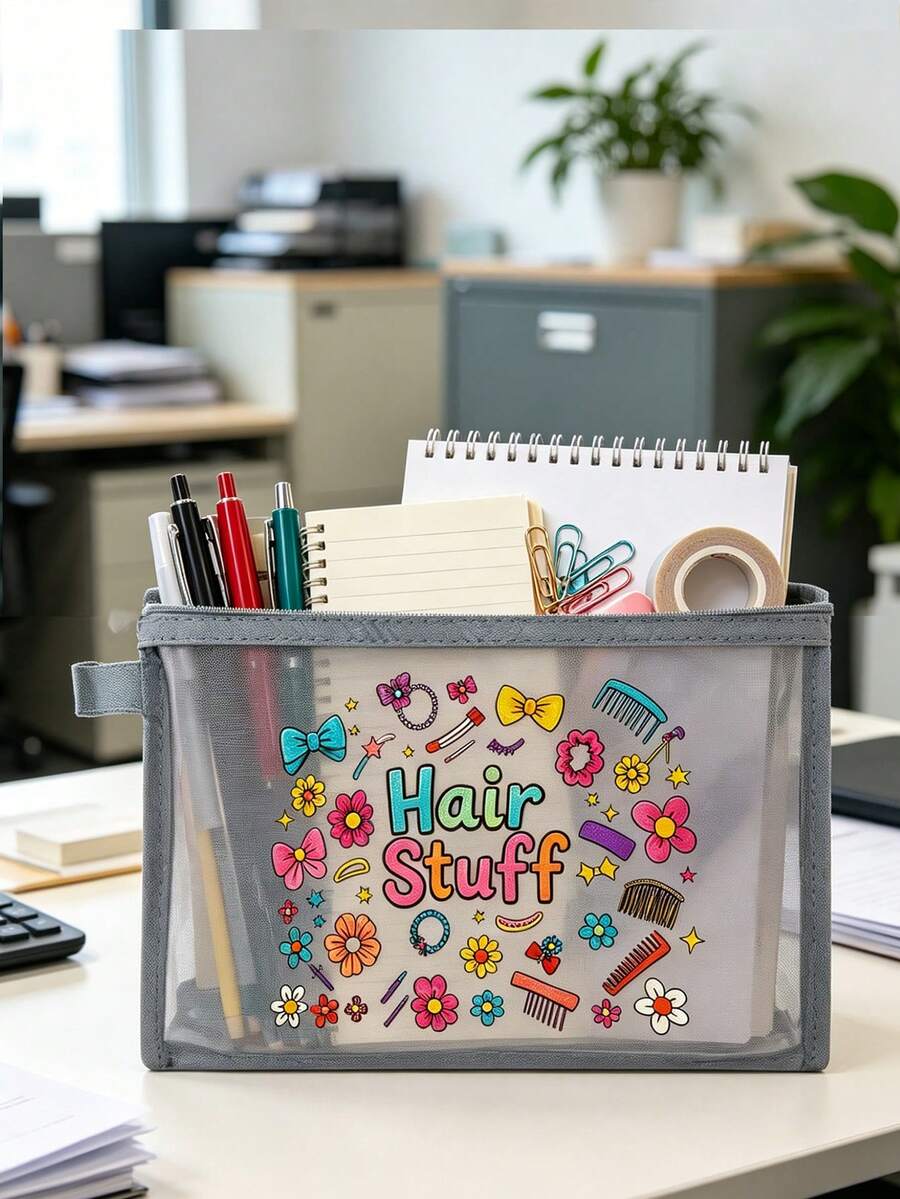 Cute Hair Stuff Cartoon Print Mesh Storage Bag, 6 Colors & Multiple Styles Available, Transparent Mesh Design For Easy Visibility Of Hair Ties, Hair Clips, Combs, Bangs Stickers And Other Hair Accessories, No Need To Search,Back To School - Multicolor - View 1