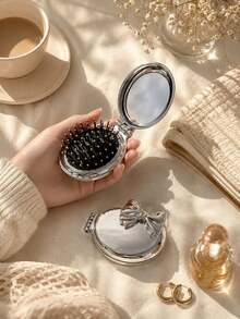 Bowknot Pink & Silver Mirror 3D Bow Foldable Comb Mirror, Portable Flip Cover Makeup Mirror Comb All-In-One Pocket Handheld Beauty Comb Mirror, Gentle Style Girl Pocket Handheld Makeup Comb Mirror, Travel Portable Hair Comb, Mini Portable Makeup Tool Exquisite Luxury Metal Texture Makeup Mirror, Gift For Women, Portable Makeup Touch-Up Storage Beauty Accessory - Multiple Styles - View 7