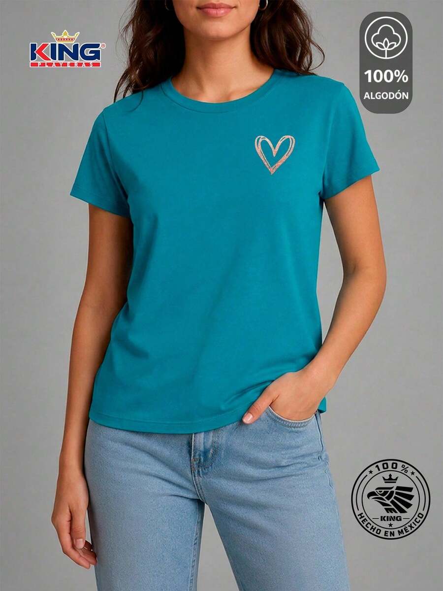 SHENDY VENDY Women's T-Shirt 100% Cotton, Short Sleeve, Round Neck, Soft And Comfortable T-Shirt, Minimalist Heart Print - 霧霾藍 - 查看 1