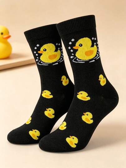 1 Paar Herren Cartoon Gelbe Enten Muster Mittlere Socken, Schwarze Gummiente Neuheitssocken. Atmungsaktives dehnbares Material, Liebhaber & Geburtstagsgeschenk.