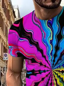 Camiseta Gráfica Oversize para Hombre con Estampado Dinámico de Flujo Caleidoscópico - Colores Saturados en Espiral, Enfoque Central en Magenta, Efecto de Arte Digital, Ajuste Cómodo para To - Negro - Ver 5