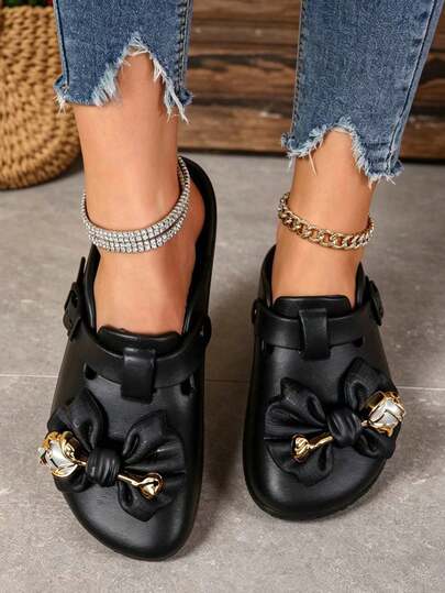 Women's Bow-Decorated Dining Shoes, Stylish Closed-Toe Summer Beach Sandals, Fashionable Outdoor Lace-Up Beach Garden Sandals
