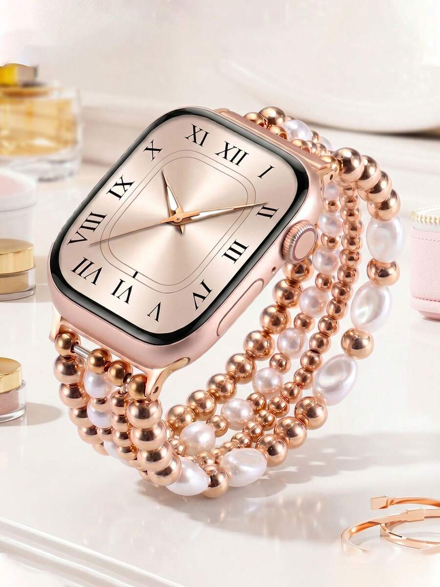 Beaded Bracelet, Compatible With Apple Watch Bands 41mm 40mm 38mm 42mm 44mm 45mm 49mm, Women's Version, Golden Beads, Handmade Elastic Strap, Suitable For Series SE 9 8 7 6 5 4 3 2 1, Couple Gift, Golden Bracelet Set - Rose Gold Pearl White - View 1