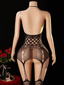 Women's Fishnet Sexy Lingerie Seductive Deep U Neck Bodysuit Erotic Wep Hollow Out Jumpsuit For Intimate Club Party - Black - View 4