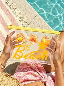 防水 PVC 海灘包，貝殼與海星「Beach」字母印花，PVC 化妝包，拉鍊式 PVC 旅行收納包，輕量耐褪色化妝盥洗包，適合女性與男性，TSA 認證便攜化妝收納盒，易清潔設計，適合母親、老師、朋友、護理師，學校假期度假必備盥洗包，母親節禮物，旅行必備，夏季必備 - 彩色 - 查看 6