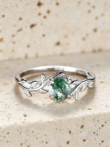 1pc Delicate Four-prong Setting Round Green Chalcedony & Leaf Shaped Silver Ring, Ideal For Engagement & Wedding Gift - Green - View 10