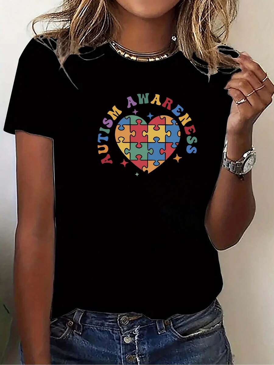 Women's Casual T-Shirt With Heart And Puzzle Print, Round Neck And Short Sleeves - Casual Athletic Top With Potential To Combine With Other Garments, Machine Washable - Blouse - 黑色 - 查看 1