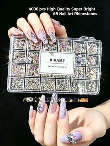 KIRAME 4000顆高品質超亮 AB 色水鑽美甲套組，含水鑽拾取器、混色混形水晶，適用於 DIY 美甲、居家美甲、美甲沙龍、美甲用品，聖誕、夏季與旅行美甲，節日禮物美甲飾品 - 彩色 - 查看 2