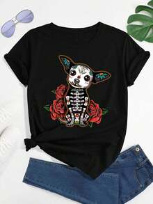 Camiseta con estampado de calavera de rosa de Y-Three, cuello redondo, manga corta, para mujer, moda para todas las estaciones, ropa casual. |   Diseño Divertido |   Impresión Vibrante - Negro - Ver 1