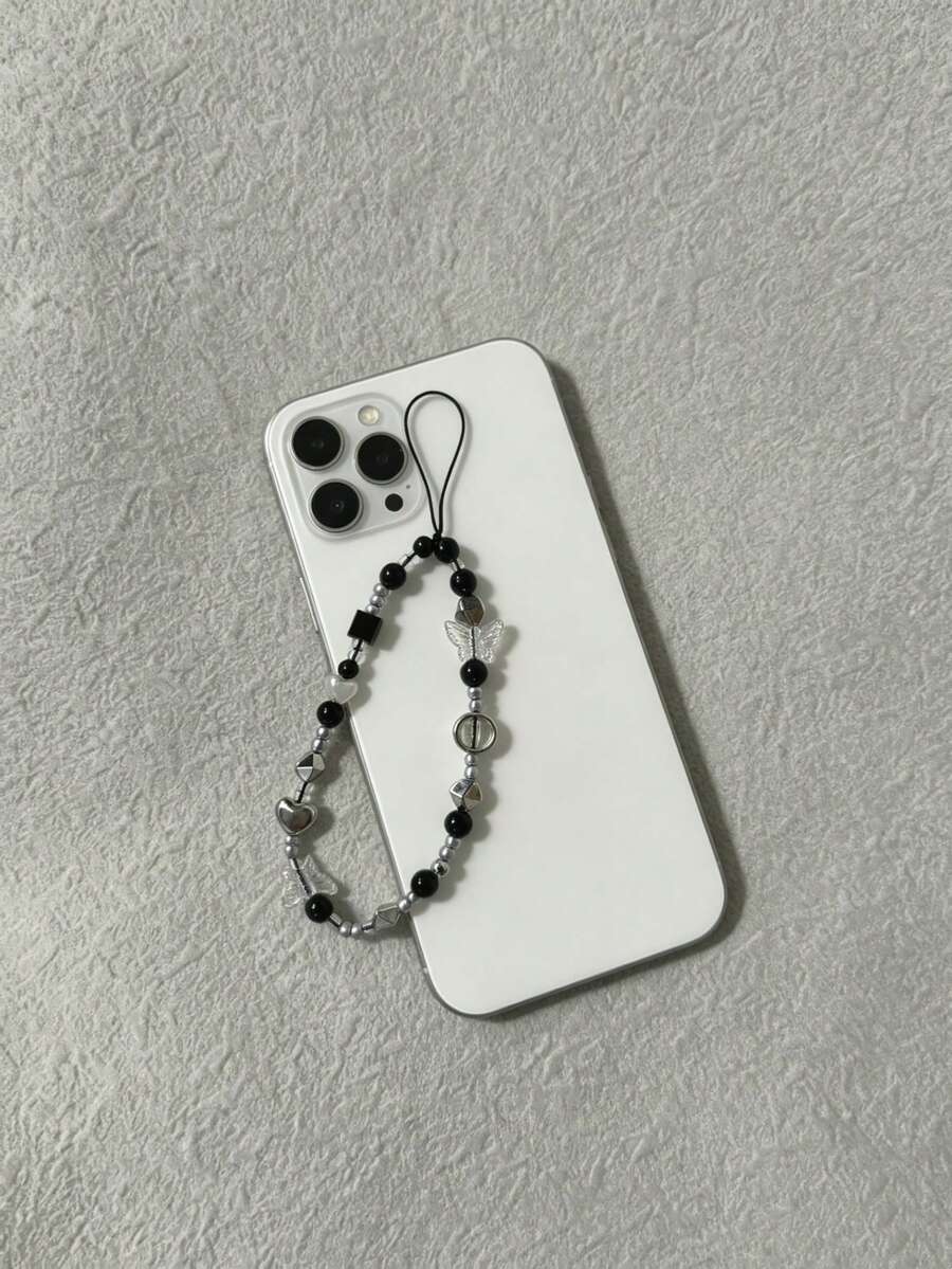 1pc Black Silver Transparent Butterfly Heart Beaded Phone Chain Minimalist Cool Tone Y2K Sweet & Cool Anti-Loss Lanyard (Due To Shooting Angle And Magnification, Actual Size May Slightly Differ From Photo) Phone Charm Holiday Gift Card Holder Charm