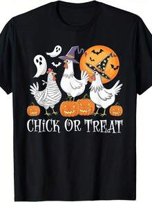 Camiseta gráfica "Chick Treat" de Halloween con diseño de pollo divertido para hombre y mujer - Pollo espeluznante y estampado con murciélagos, calabazas y sombreros de bruja - Camiseta de m - Multicolor - Ver 1
