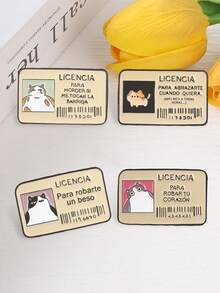4Pcs Spanish Love License Cat Enamel Pins Set Cute Fat Kitten ID Card Lapel Brooch Couple Valentine Gift - Khaki - View 8