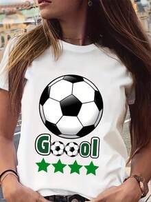 100% algodón puro, estilo bohemio, diseño bohemio con estampado de fútbol, estilo casual y a la moda.Camiseta deportiva de manga corta con cuello redondo, top casual de manga corta para muje - Blanco - Ver 2