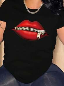 Talla Grande - Talla Grande - Camiseta de Mujer Talla Grande con Estampado de Labios Rojos - Negro - Ver 2