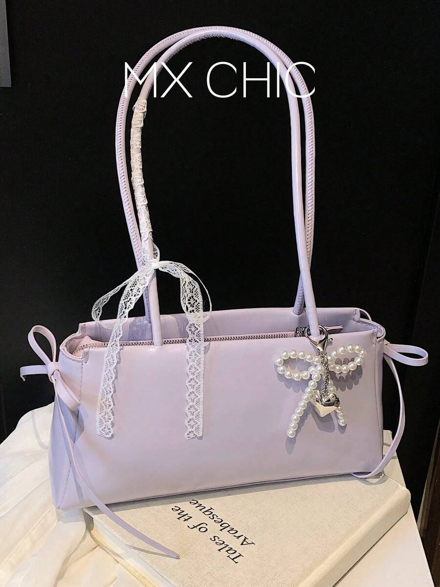 1 pieza Bolso de hombro tipo tote de unicolor de PU para mujer, bolso con lazo de gran capacidad estilo Y2K - Multicolor - Ver 1