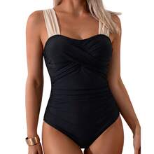 Traje de Baño Enterizo Bicolor Negro Beige, Tirantes Anchos en Contraste Crema, Fruncido Cruzado en Escote Corazón, Pliegues Laterales que Disimulan Panza para Playa y Piscina - Azul eléctrico - Ver 2