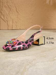 Pink & Black Leopard Print Square Toe Slingback Sandals For Women, 4.5cm Metallic Shiny Chunky Heel, Colorful Rhinestone Round Buckle Closed Toe Strap Shoes, Spring/Summer Sexy Style For Date, Party, Commute, Comfortable Low-Mid Heel Women's Shoes - Purple - View 8