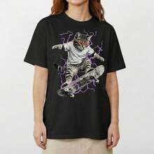 Zombie Cat Skater Undead Horror Graphic T-Shirt Skateboard Spooky Scary Tee Tshirt Graphic T Shirt Tops For Women - Black - View 1
