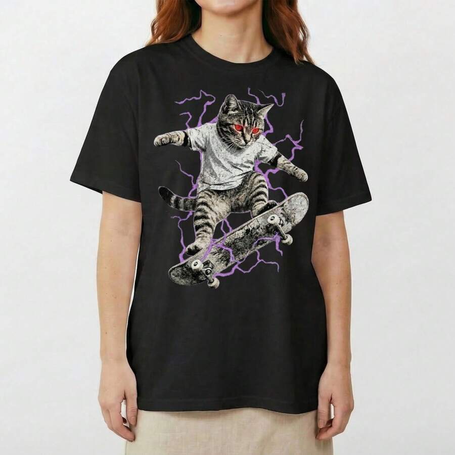 Zombie Cat Skater Undead Horror Graphic T-Shirt Skateboard Spooky Scary Tee Tshirt Graphic T Shirt Tops For Women - Black - View 1