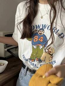 Camiseta Gráfica con Diseño de Niño Perro Retro Manga Corta Cuello Redondo Streetwear Casual Estilo Vintage Juvenil Blusa Ropa de Mujer Gráfico - Blanco - Ver 1