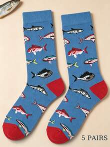 1 Pair Men's Mid-Calf Socks, Colorful Ocean Fish Pattern, Soft & Breathable For Autumn/Winter, Halloween & Christmas Holiday Gift Choice - Multicolor - View 8