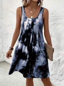 Vestido casual sin mangas holgado, cuello redondo con estampado tie-dye, talla plus para mujer - Morado - Ver 9