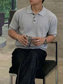 春夏歐美日韓休閒中性百搭純色極簡商務風男女款針織短袖V領套頭毛衣返校季 - 灰色 - 查看 2