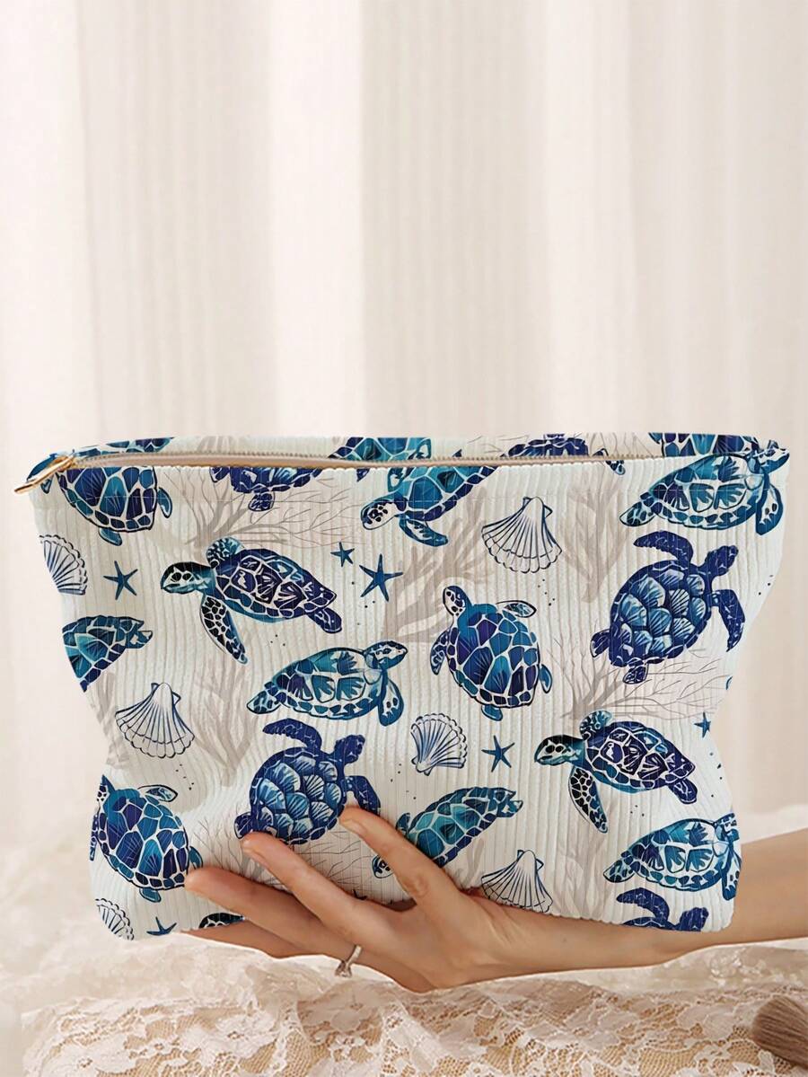 1pc Portable Cosmetic Storage Bag Ocean Series Shell & Starfish Pattern Double-Sided Printed Travel Zipper Makeup Bag Multi-Function Toiletries Organizer - Multicolor - View 1
