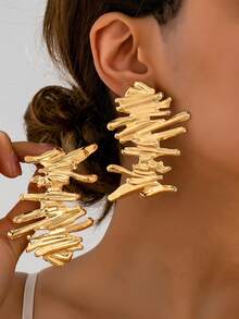 1 Pair Asymmetrical Metal Earrings, Vintage Design Jewelry For Women, Suitable For Daily Wear, Vacation, Party Accessories - Gold - View 6